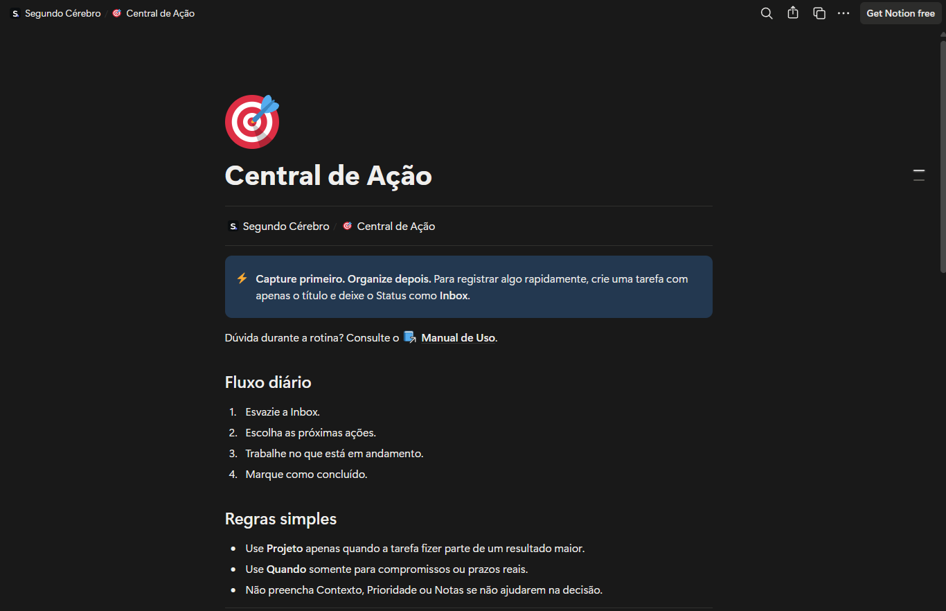 Central de Ação do Segundo Cérebro no Notion