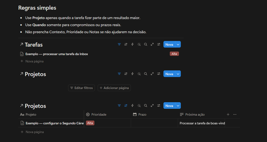 Screenshot real das bases de Tarefas e Projetos